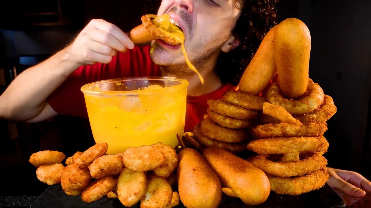 ASMR CHEESY CORN DOGS , CHICKEN NUGGETS , ONION RINGS MUKBANG (No Talking) NOMNOM