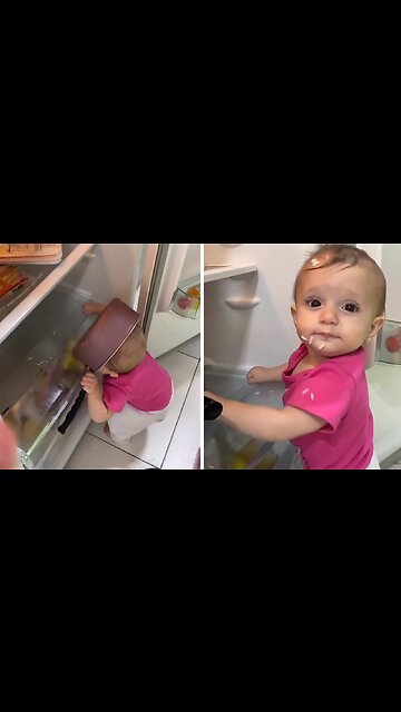 Hungry Baby Eats Rice Right Out Of The Fridge