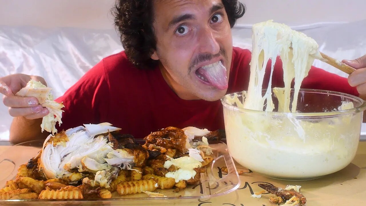 Husband Eats Wife's @nomnomsammiegirl SLOPPY SECONDS Stretchy Cheese + Rotisserie Chicken * ASMR *