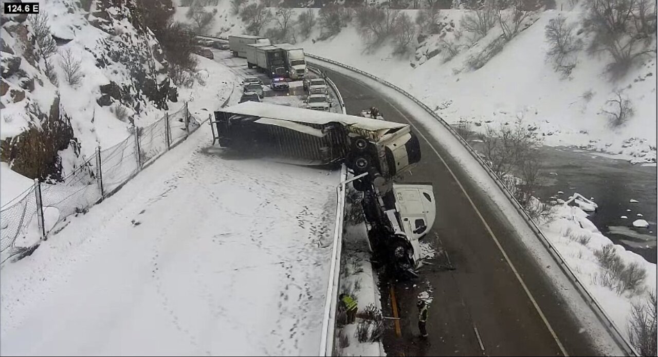 I-70 closed at Glenwood Canyon as Semi truck dangles off westbound side