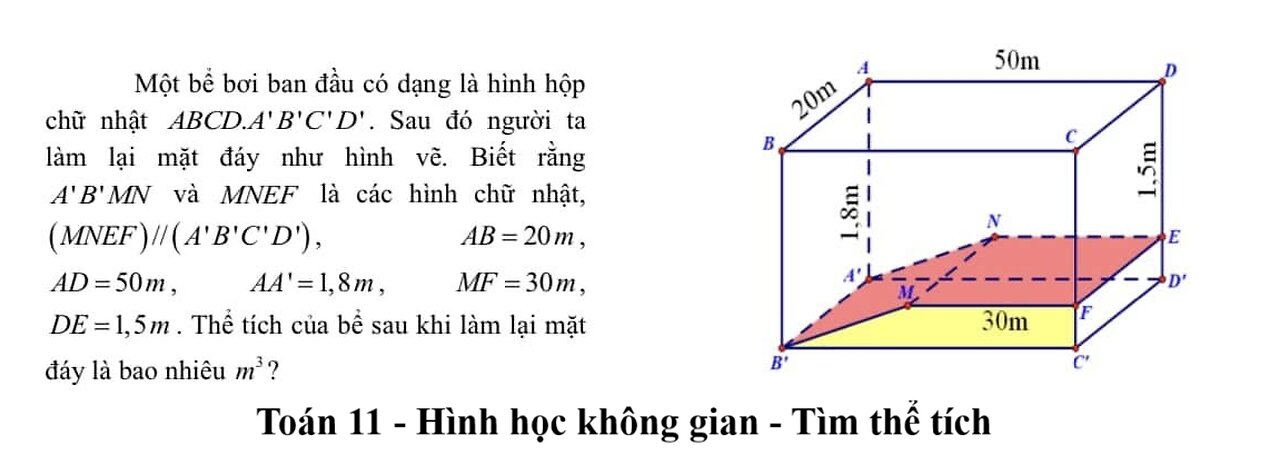 Toán 11: Một bể bơi ban đầu có dạng là hình hộp chữ nhật ABCD.A'B'C'D'. Sau đó người ta làm lại