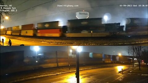 EB Manifest with NS 1073 and WB Intermodal at Neenah, WI on January 4, 2023