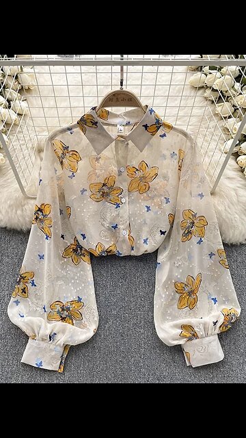 SALE!! Chiffon Floral Blouses Print Loose Lapel Puff Sleeve