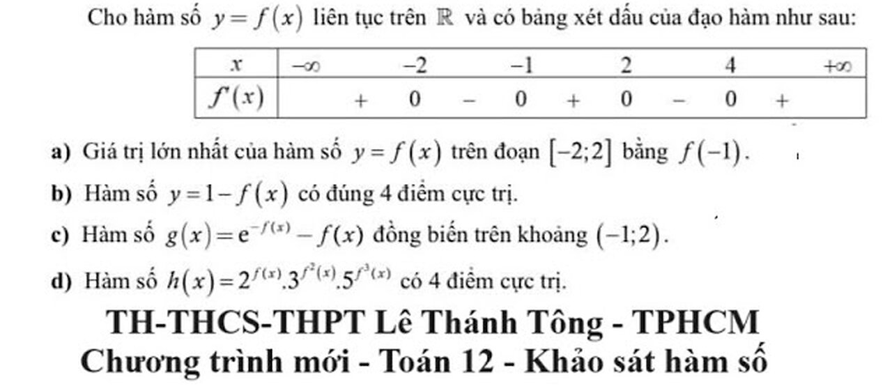 Toán 12: Khảo sát hàm: THPT Lê Thánh Tông TPHCM: Cho hàm số y=f(x) liên tục trên R và có bảng xét