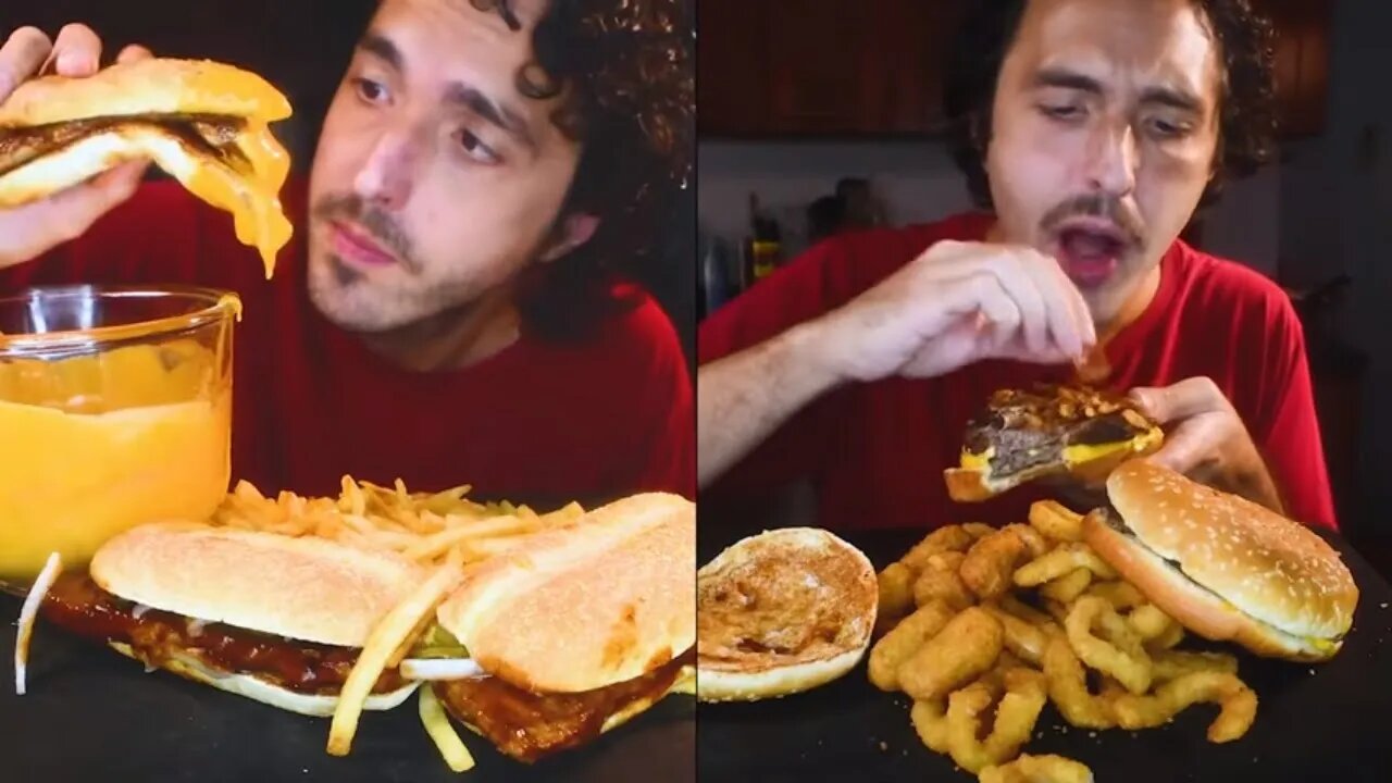 asmr eating CHEESY MCDONALDS vs BURGER KING * mcrib burgers fries onion rings cheese mukbang *