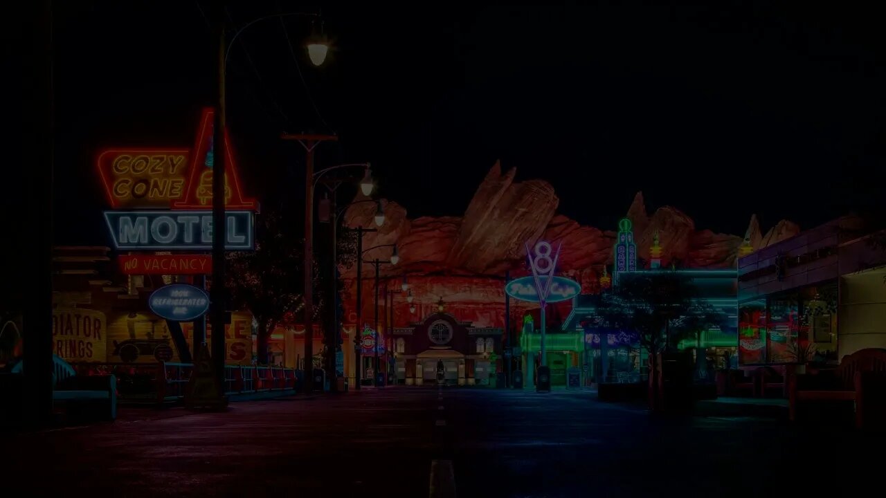 Radiator Springs Motel, Rain and Highway Sounds 8 Hours of Sleep Dimmed Screen 1 Minute