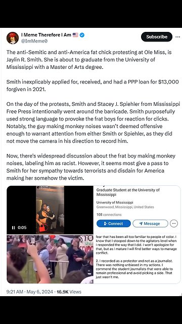 The anti-Semitic and anti-America fat chick protesting at Ole Miss, is Jaylin R. Smith. She