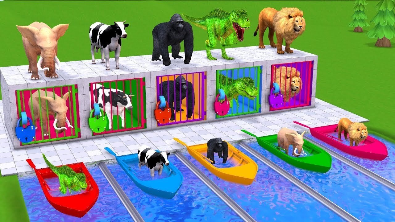 Animals Choose The Right Key With Cow, Gorilla, Elephant, Dinosaur, Animals Crossing Fountain Game