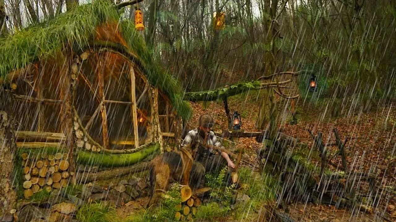 Rain Camp at Bushcraft Shelter / Solo camping with my dog / Sleep by the Fireplace