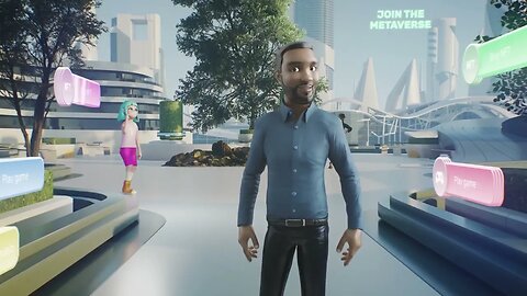 avatar of person in the virtual city of metaverse with the selection menu and other SBV 347070419 HD