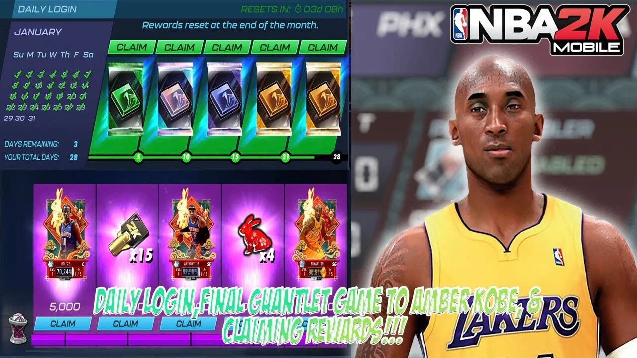 NBA 2k Mobile - Daily Login, Final Final Gauntlet Gameplay to Amber Kobe, & Claiming Rewards!!!!