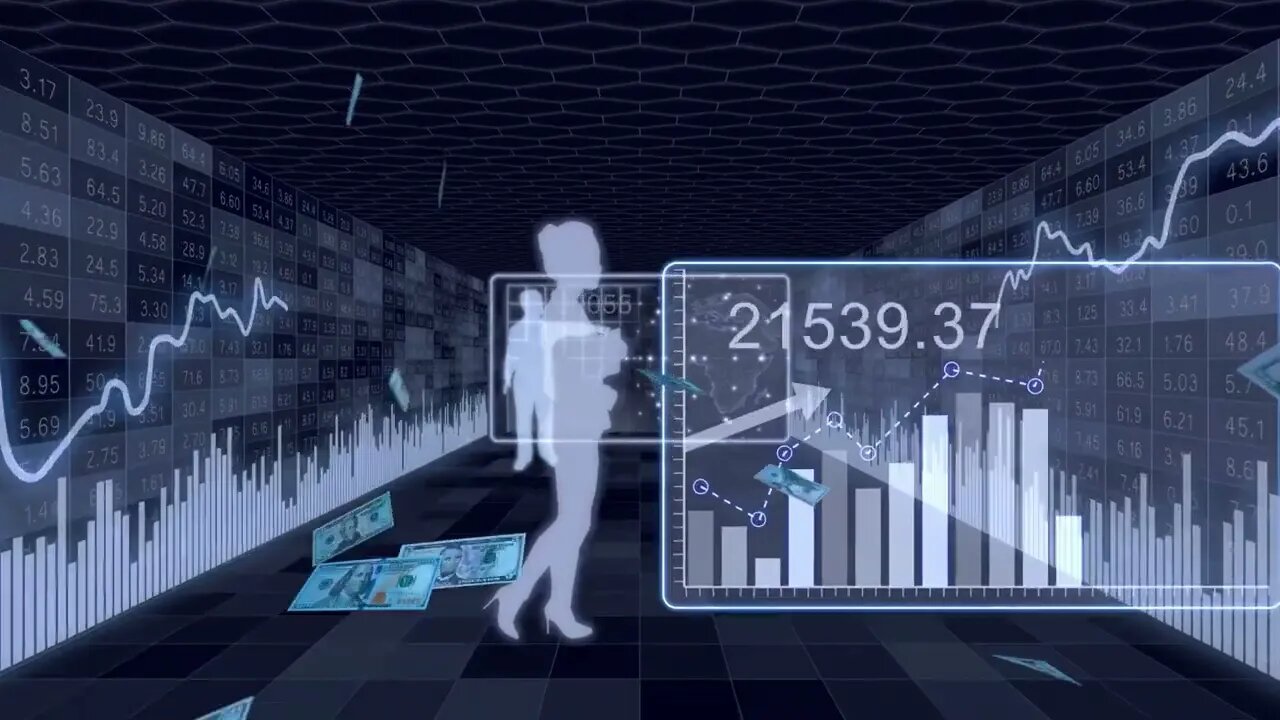 scattering dollar banknotes in a tunnel of dynamic stock market boards and silhouet SBV 347167473 HD