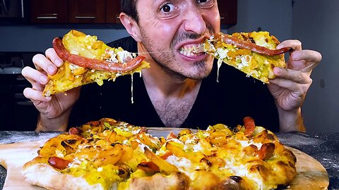 ASMR Eating CHEESY French Fries + Hot Dog PIZZA * no talking mukbang * !!