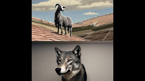 The little goat standing on the roof with the wolf