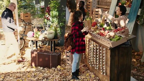 happy vendor putting organic produce in bag to sell to young woman choosing natural SBV 347328870 HD