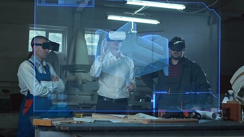 workers and foreman using virtual reality headsets in carpentry workshop SBV 317363133 HD