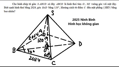 2025 Ninh Bình Cho hình chóp tứ giác S.ABCD có đáy ABCD là hình thoi tâm O, SO vuông góc với mặt đáy