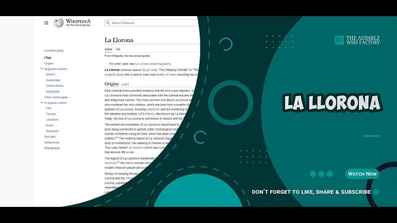 La Llorona is a Hispanic-American mythical vengeful ghost who is said to roam near bodies of