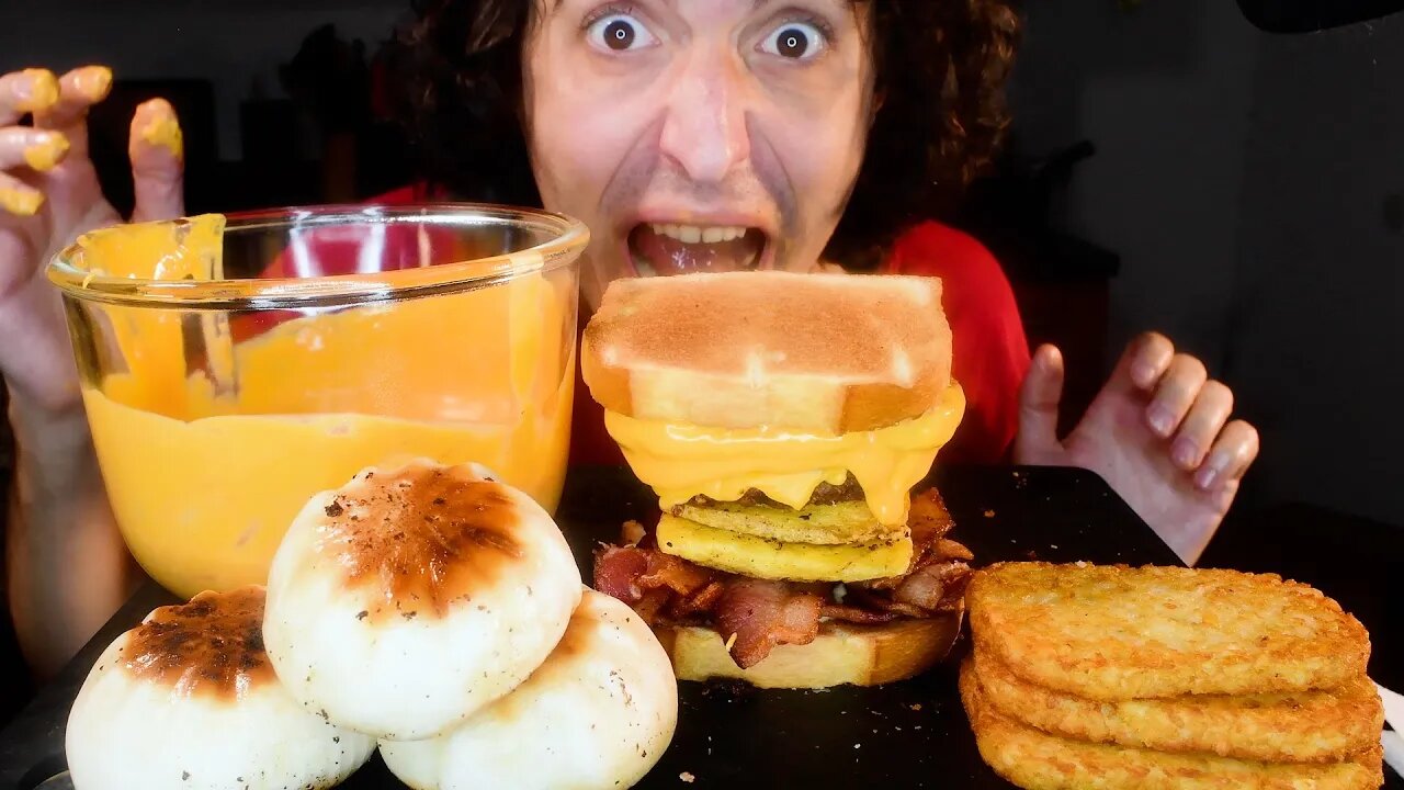 CHEESY BREAKFAST FEAST! BURGERS FRIED BAO HASH BROWNS *ASMR MUKBANG NO TALKING * NOMNOMSAMMIEBOY