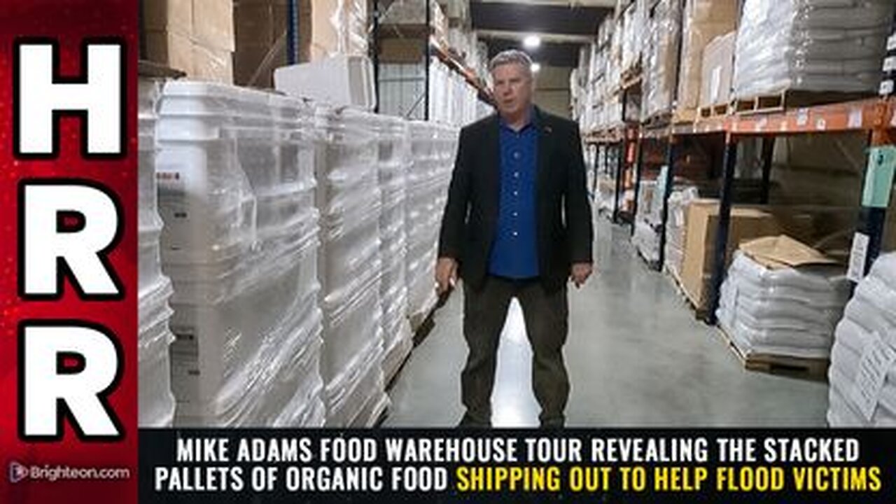 Mike Adams food WAREHOUSE TOUR - PALLETS of organic food shipping out to help flood victims