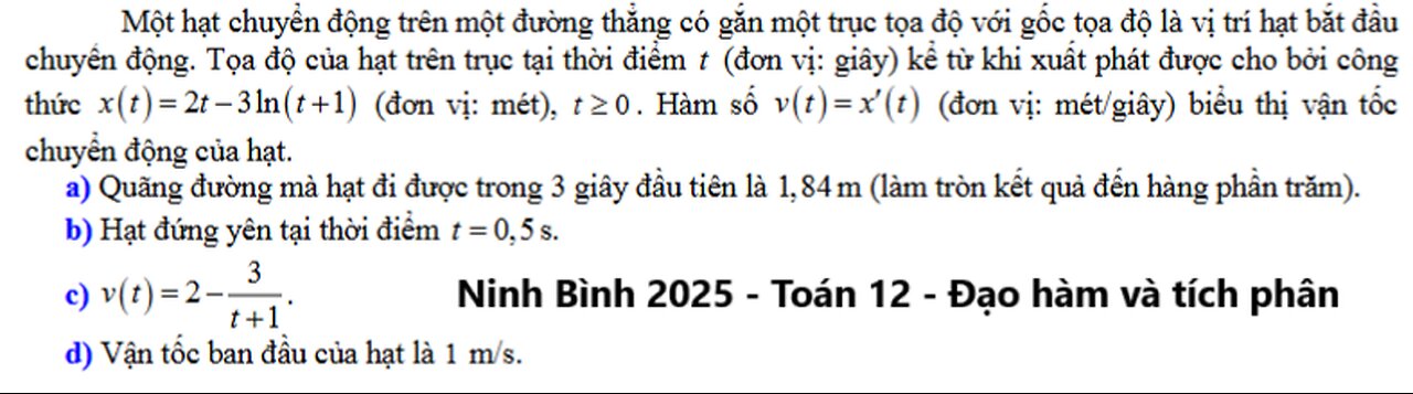 2025 Ninh Bình: Một hạt chuyển động trên một đường thẳng có gắn một trục tọa độ với gốc tọa độ là