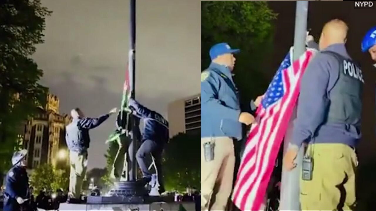 NYPD Removes Palestine Flag, Tosses It & Puts Our American Flag Back Up! COLUMBIA University