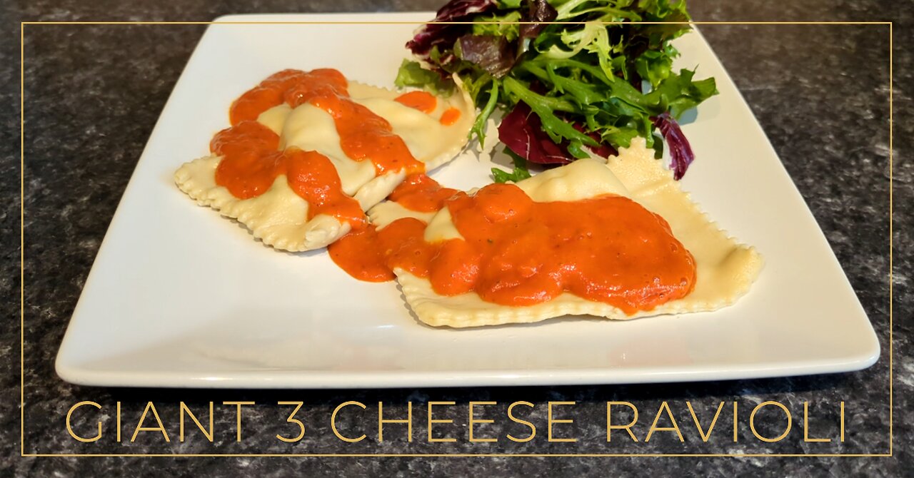 3 Cheese Giant Ravioli with Roasted Red Pepper Sauce