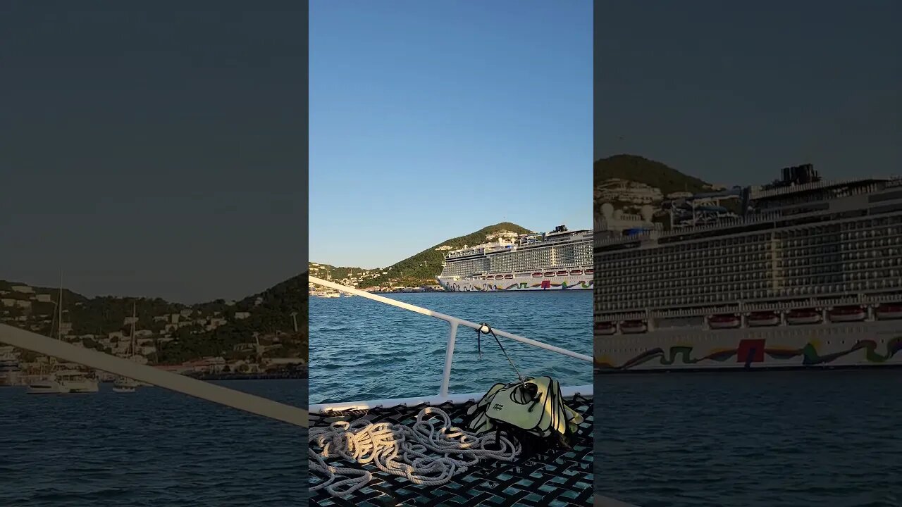 Norwegian Encore seen from a Catamaran in St. Thomas!