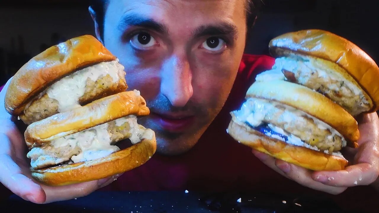 GIANT GREEK BIG MAC CHICKEN BURGERS! TZATZIKI SAUCE ! * MUKBANG * | NOMNOMSAMMIEBOY