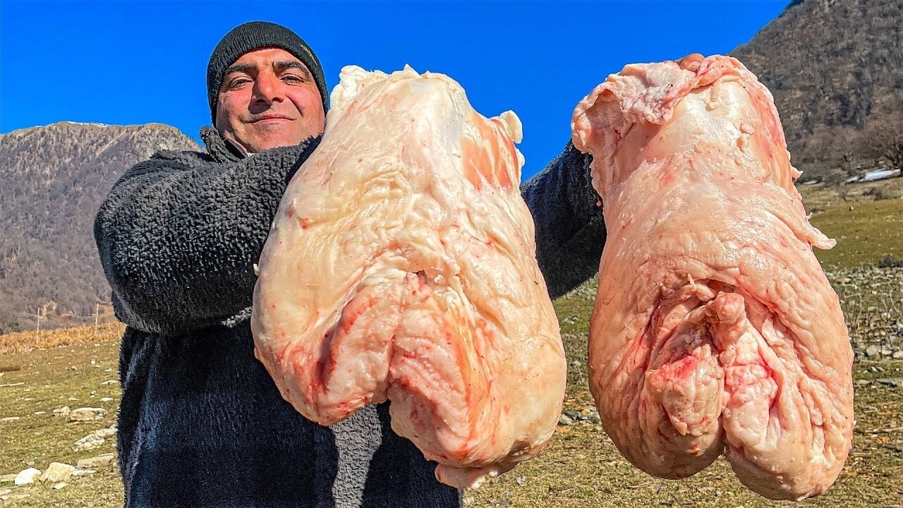 Cooking Lamb Tail Fat Under the Snow! UNUSUAL RECIPE - Village Family Cooking