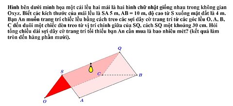 Hình bên dưới minh họa một cái lều hai mái là hai hình chữ nhật giống nhau trong không gian Oxyz