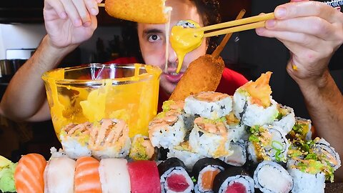 CHEESE SAUCE SUSHI CORN DOG FEAST !!! * ASMR NO TALKING * | NOMNOMSAMMIEBOY