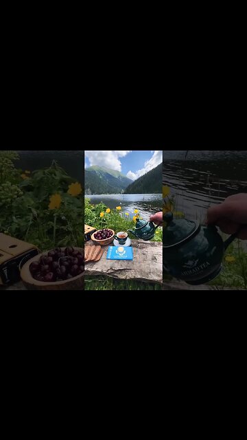 Appetizing breakfast outdoors in the Kazakh mountains