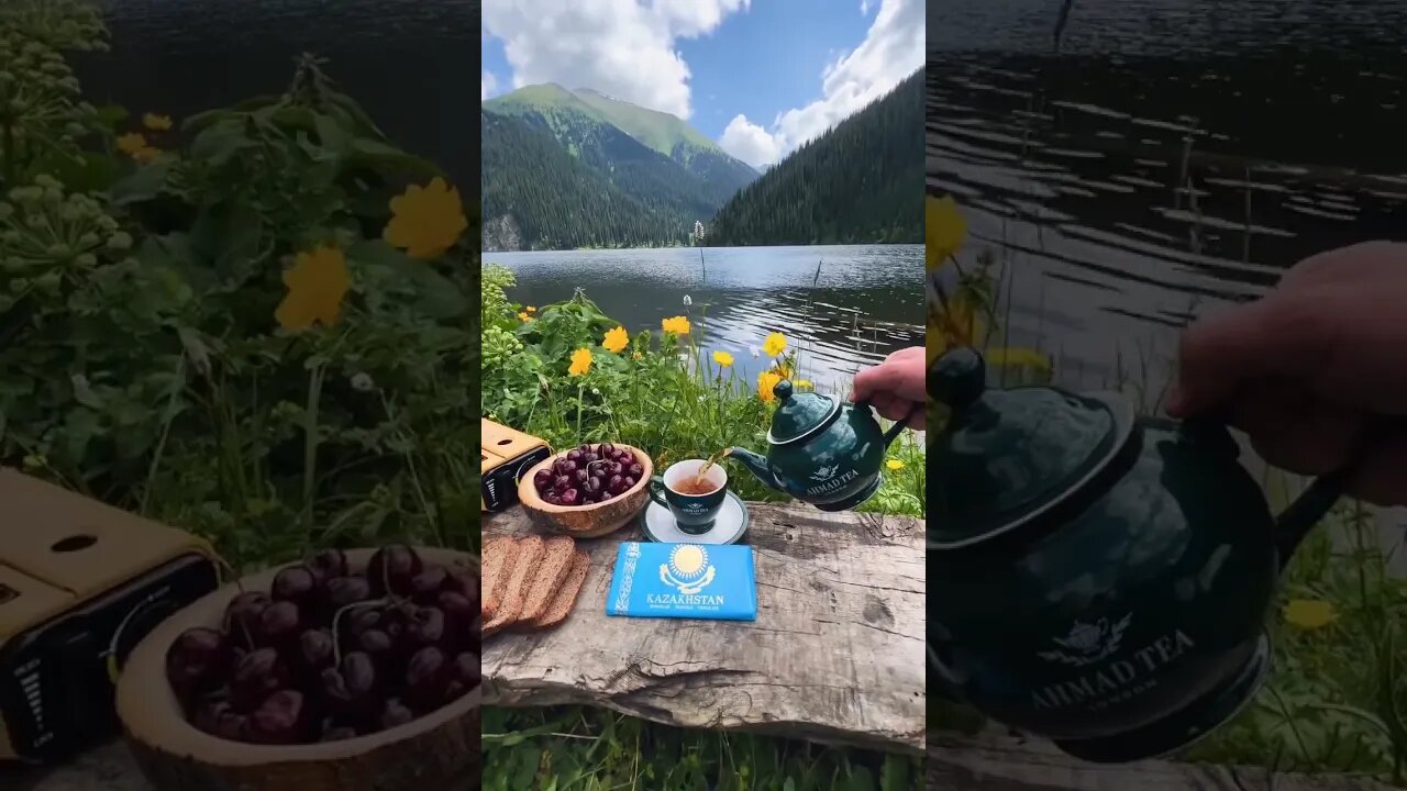 Appetizing breakfast outdoors in the Kazakh mountains