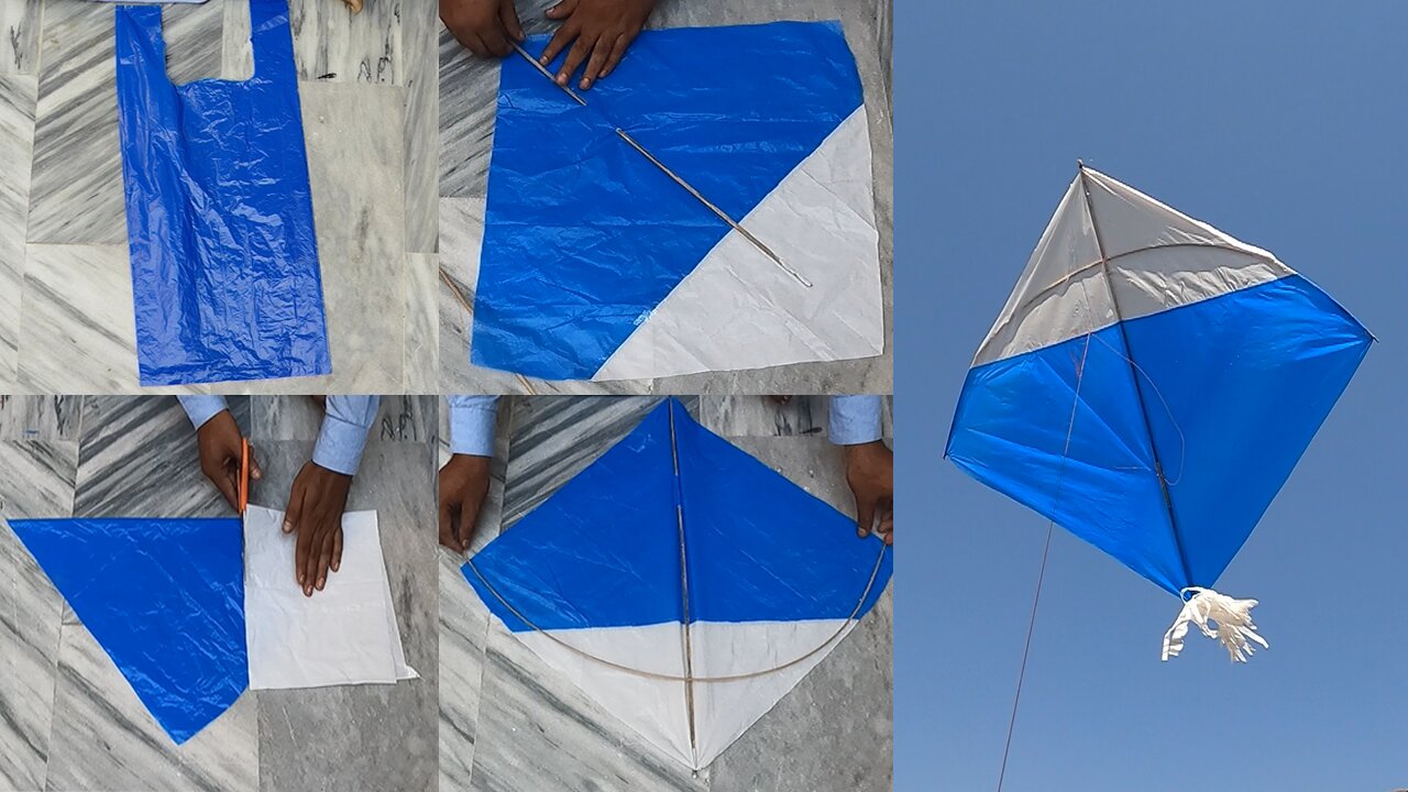 Step by Step Simple kite Blue and White Shopping Bag with broom sticks kite making and kite flying