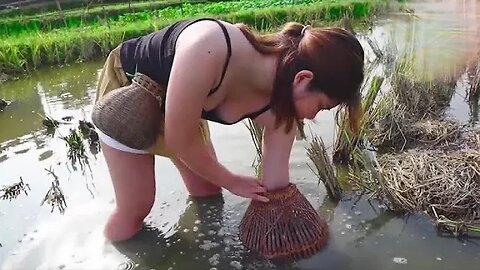 Beautiful Young Woman Catching Fish With Bamboo Cage And Cooking Spicy Fish
