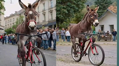 the donkey is riding a bicycle