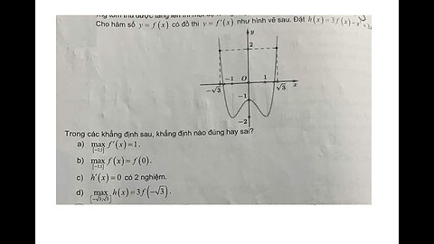 Toán 12: Cho hàm số y=f(x) có đồ thị y=f'(x) như hình vẽ sau. Đặt h(x)=3f(x)-x^3+3x Calculus