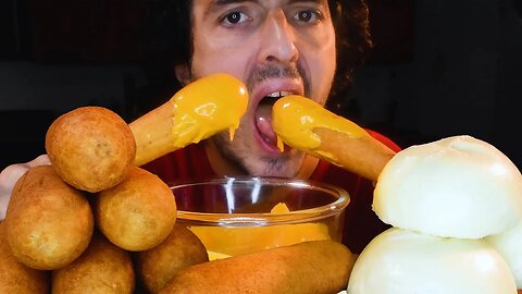 ASMR CHEESE SAUCE CORN DOGS + STEAMED DUMPLINGS