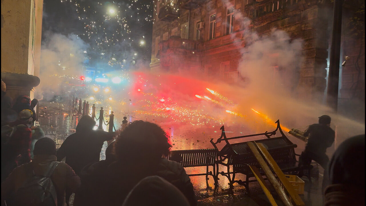 Police Water Cannon vs. Firework Launcher in Tbilisi, Georgia