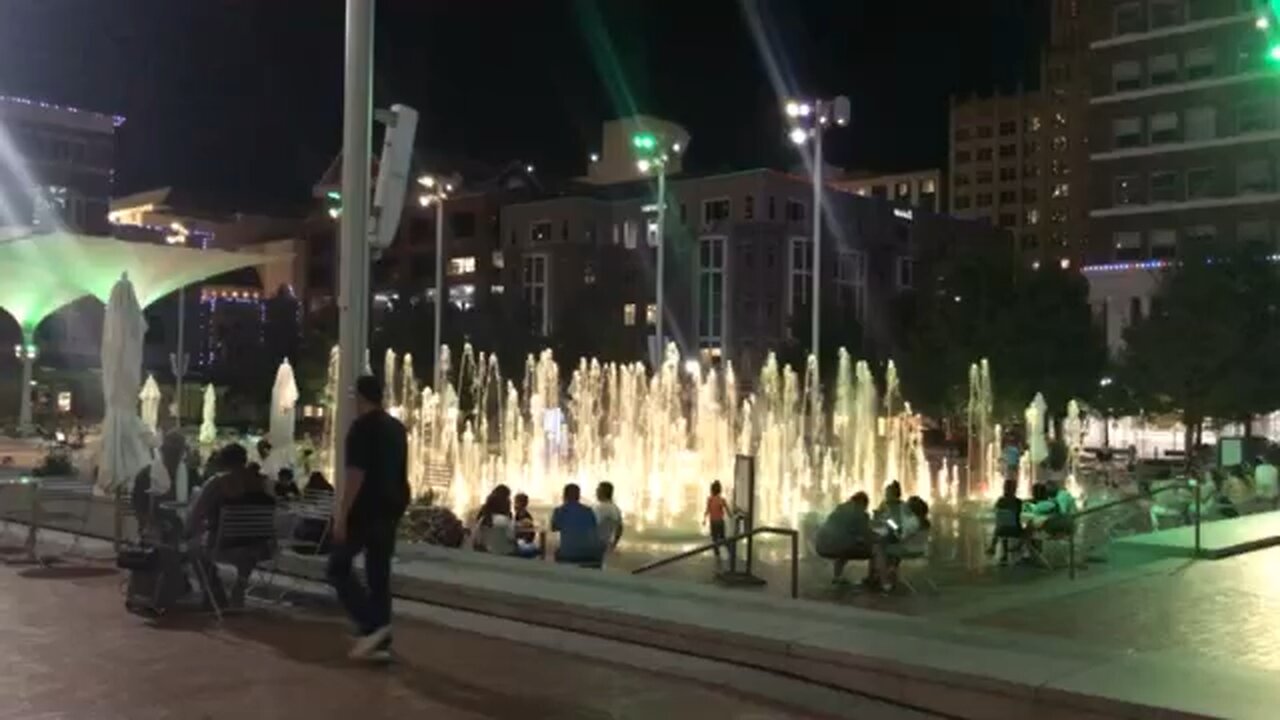 Fort Worth Water Fountain Lit Up At Night