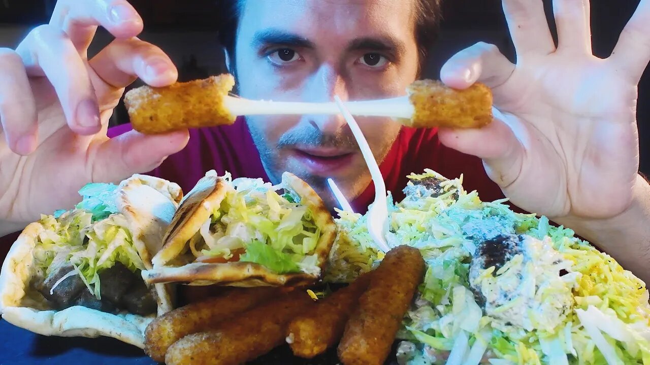 HALAL FEAST حلال ! LAMB, FISH, RICE, FALAFEL + FRIED CHEESE STICKS?! * Mukbang * | Nomnomsammieboy