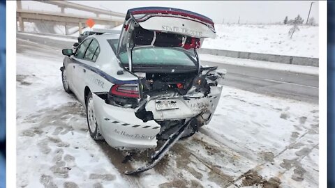 State trooper pleads with drivers to slow down after car plows into cruiser