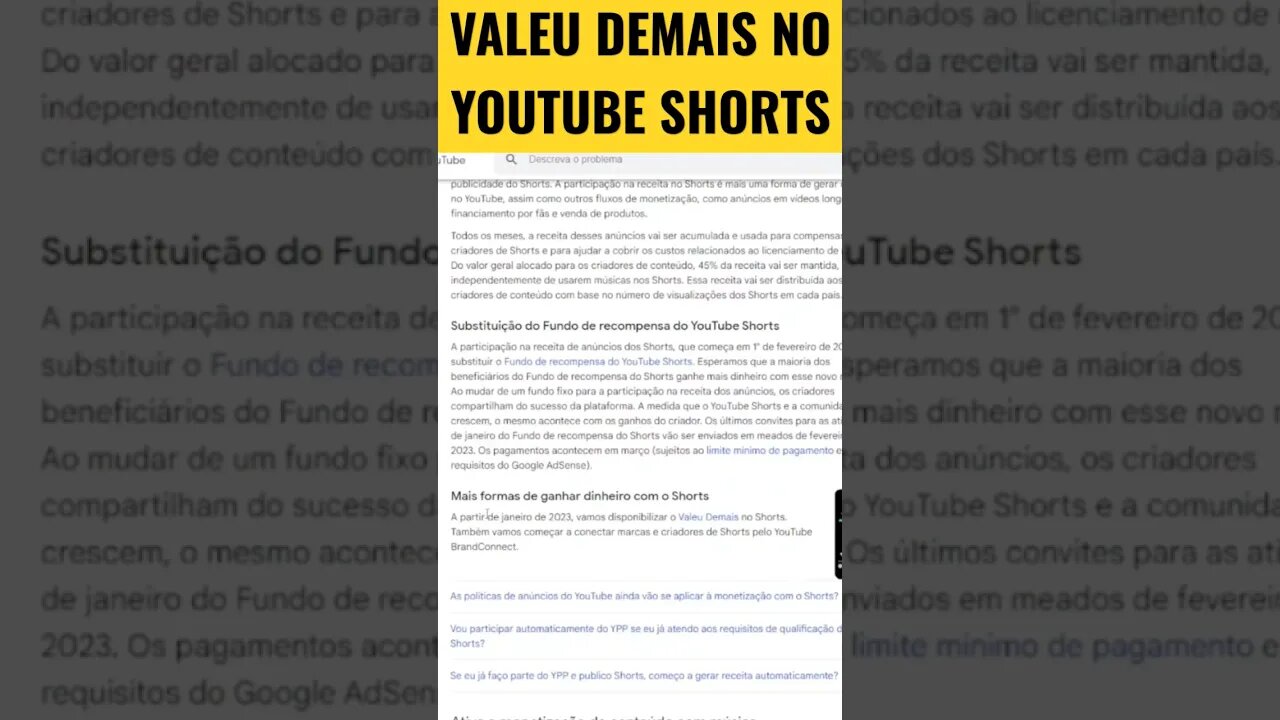 MONETIZAÇÃO DO YOUTUBE SHORTS | Valeu Demais Também Vai Estar na Monetização do YouTube Shorts