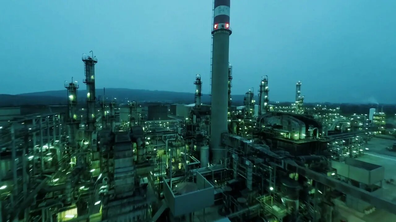 flying over oil refinery factory industrial background gas gasoline production SBV 307650690 HD