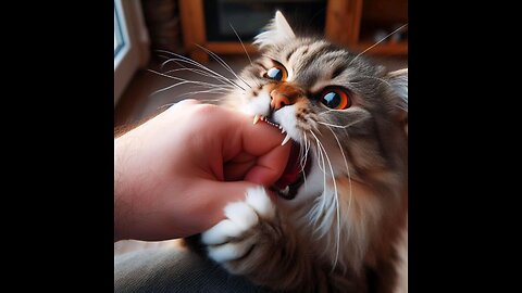 The cat gets angry with its owner and tries to bite her