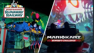Mario Kart And Mickey and Minnie's Runaway Railway Side By Side 4K POV! | Disneyland | Universal
