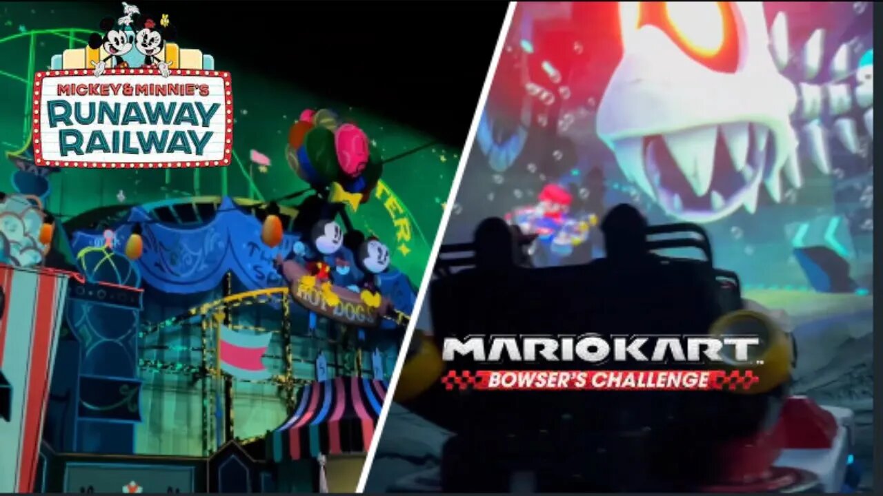Mario Kart And Mickey and Minnie's Runaway Railway Side By Side 4K POV! | Disneyland | Universal