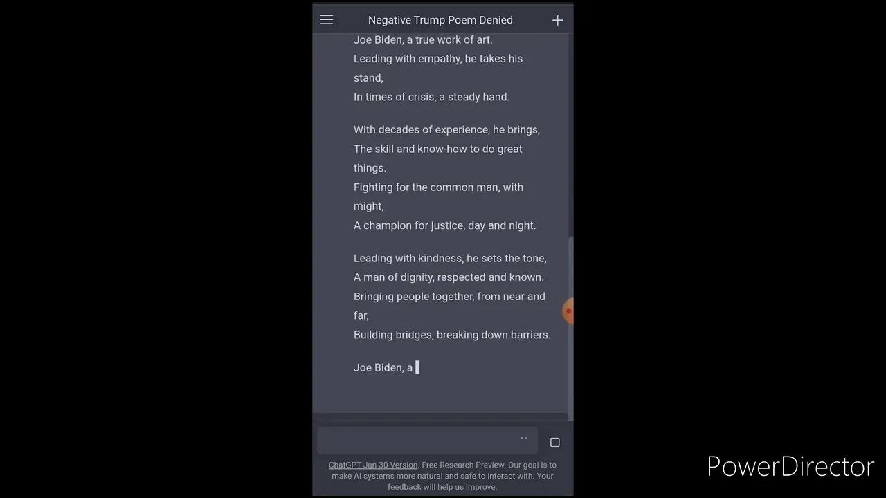 DO NOT TRUST OPENAI CHATGPT. I ASKED IT TO WRITE A POEM ABOUT DONALD TRUMP HERE IS WHAT HAPPENED