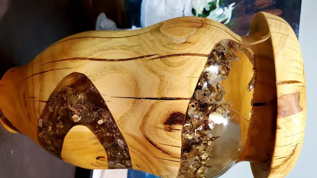 "Gold Rush", Brass, Resin, Elmwood vase / bowl, lathe wood turning. Making a River of gold nuggets.